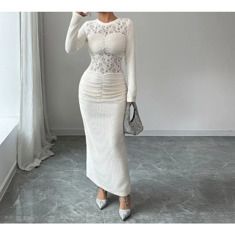 

2025 Autumn and Winter Elegant High-end Lace Long-sleeved Hip Dress Dress Women's Clothing