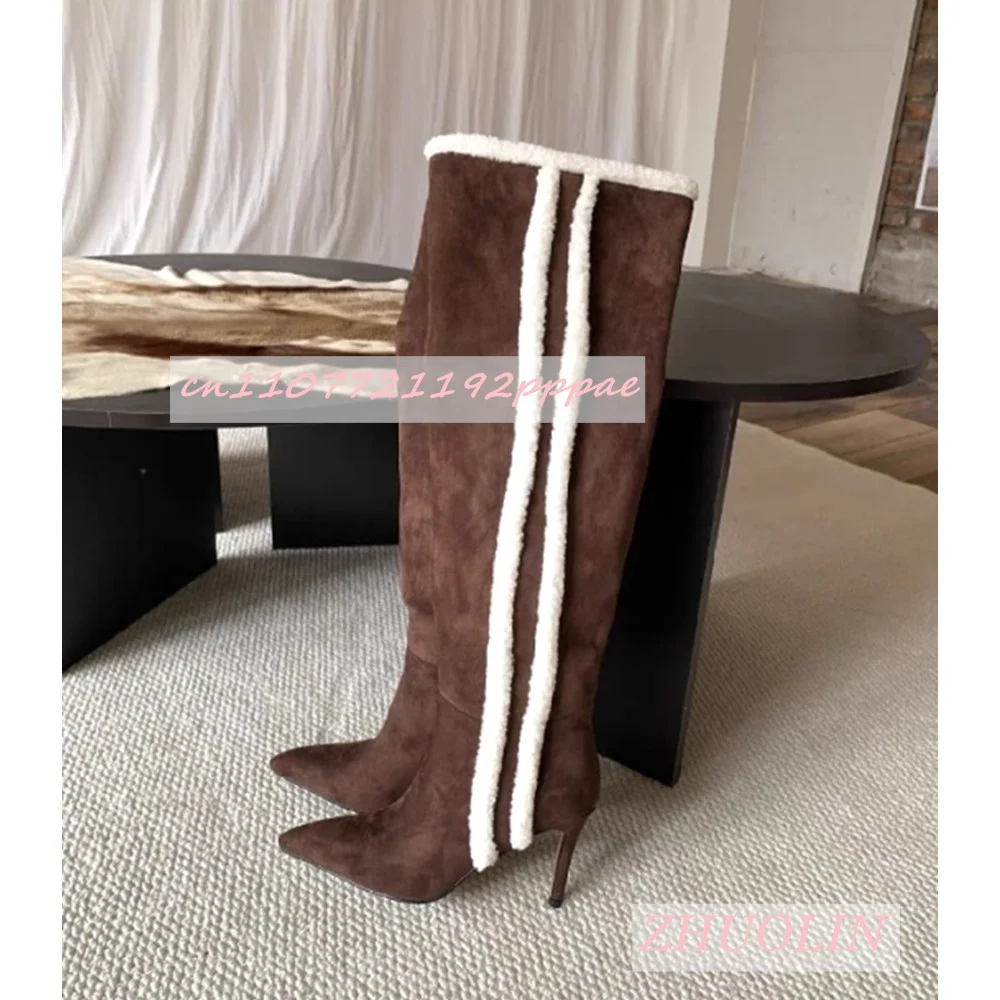 

Зимние коричневые замшевые сапоги до колена, женские ботинки без шнуровки на остром каблуке-шпильке в стиле ретро, модные теплые длинные сапоги большого размера 46