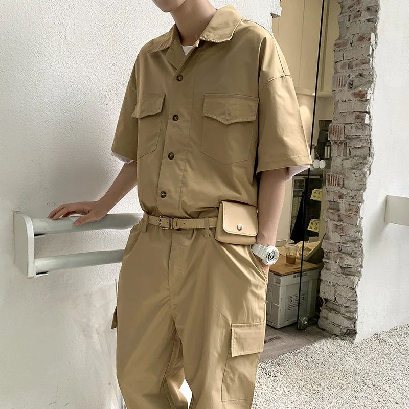 

Male Fashion with Leather Belt Bag Men Cargo Overalls Streetwear Korean Rompers Pockets Short Sleeve Button Jumpsuits Women Men