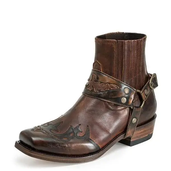 Men's Distressed Leather Western Ankle Boots Embellished Strap Pointed Rustic Bold Design for Casual Country Autumn/winter Looks
