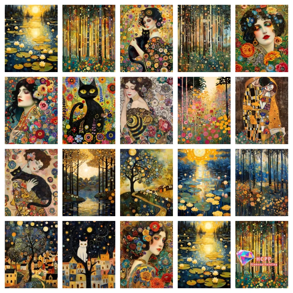 Diamantgemälde Gustav Klimt Berühmte Frau und Katze Vintage Gold Nacht Mond Stern Baum Kunstwerk Gemälde Wandkunst Raum Home Decor