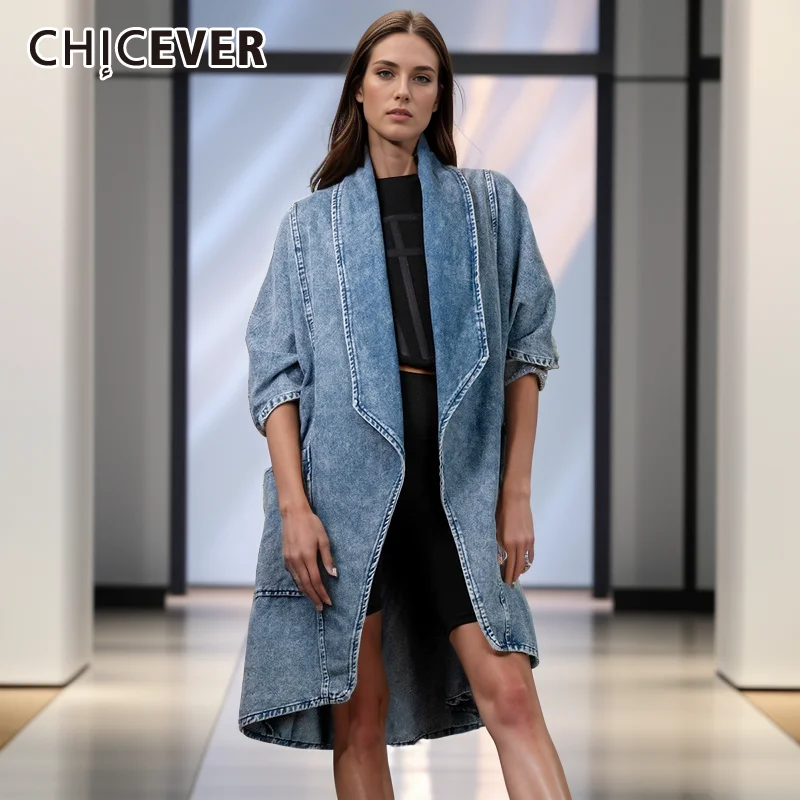 

CHICEVER Patchwork Pockets Minimalist Windbreakers For Women Lapel Long Sleeve Solid Casual Denim Loose Trench Female Clothing