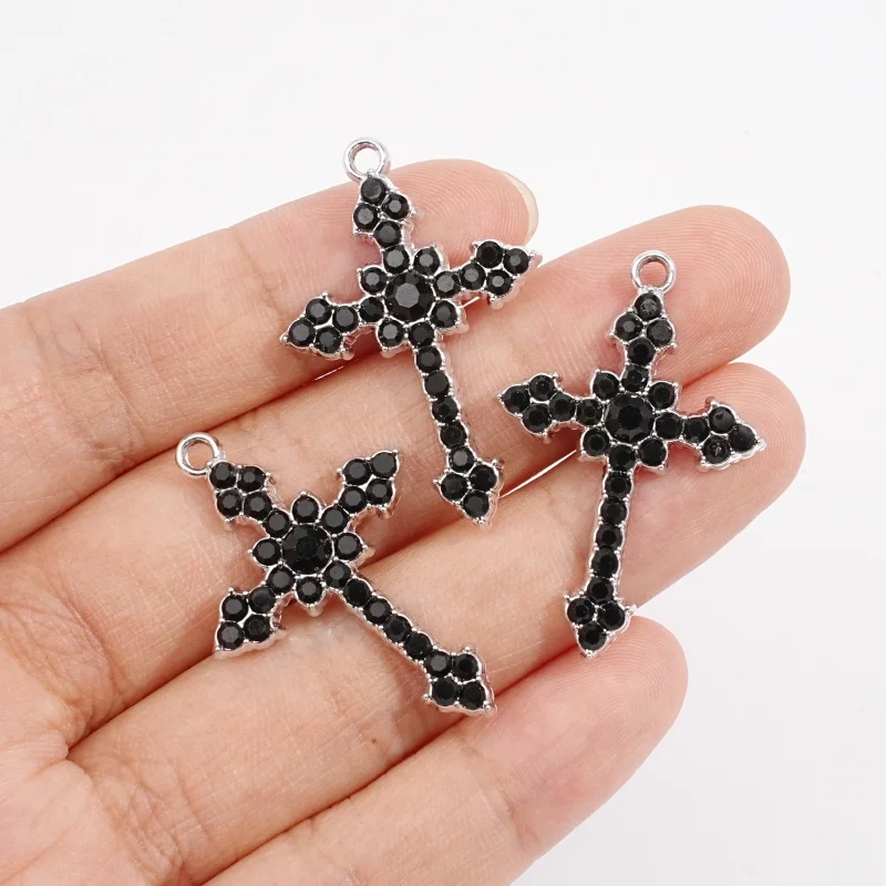 5Pcs Black Baroque Style Imitation Crystal Inlaid Cross Metal Pendant Jewelry Necklace Bracelet Earring Accessories