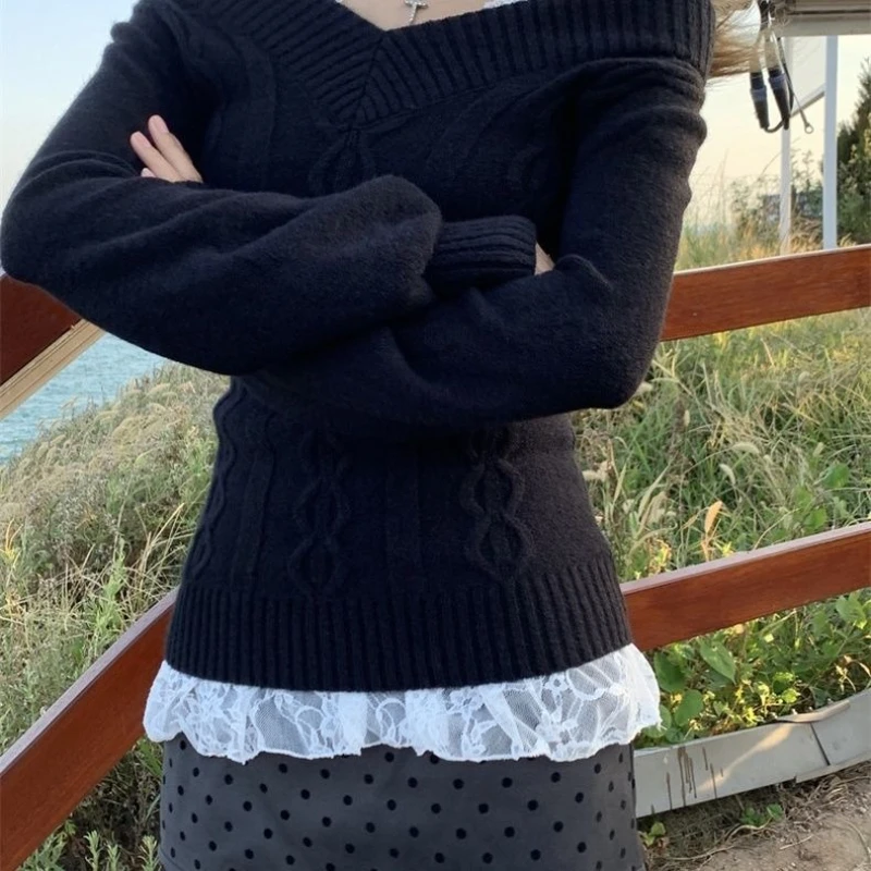 Deeptown Korean Style Grey Sexy Sweater Women Sweet Off Shoulder V-neck Knitted Pullover Slim Up Fashion Long Sleeve Sweaters