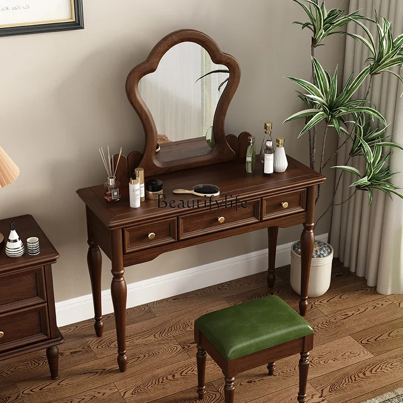 

yj5 American Country Style White Ash Solid Wood Dressing Table with Mirror and Makeup Stool Set
