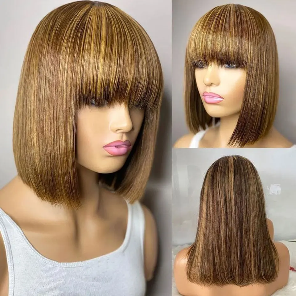 180D Short Cut P4/30 Highlight Straight Human Hair Wigs With Bangs Blonde Bob Bangs Wigs Brazilian Straight Full Machine Wigs