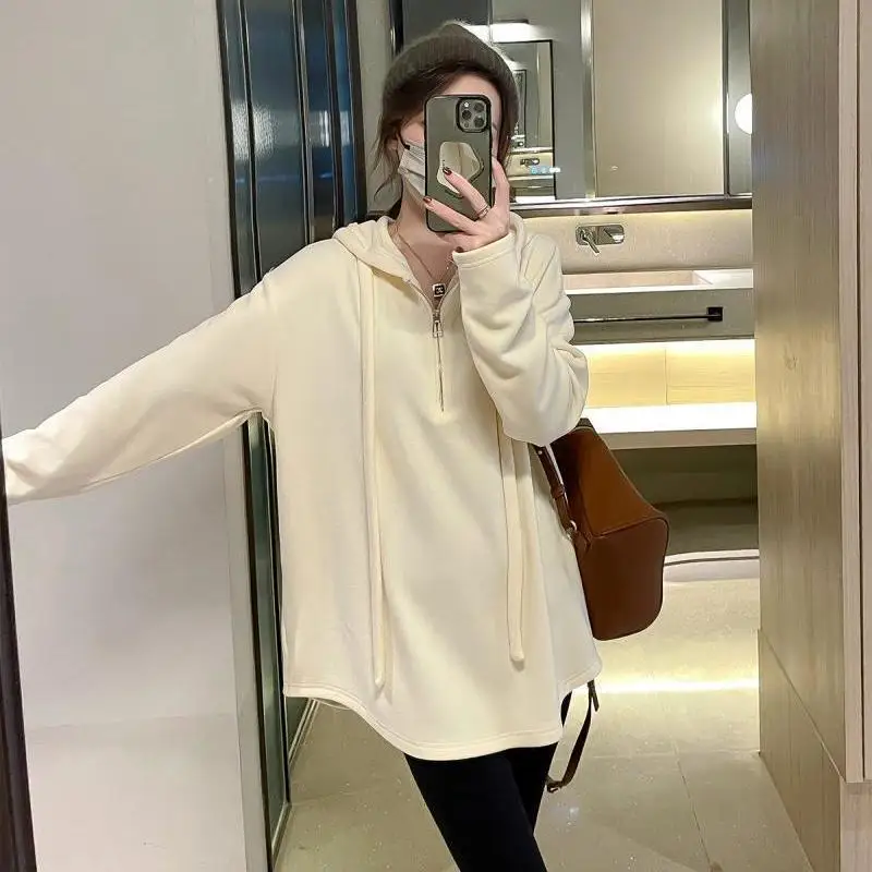 Plus-size Women's Autumn and Winter New Arrival Solid Color Loose Slimming Versatile Fleece-lined Warm Hooded Sweatshirt