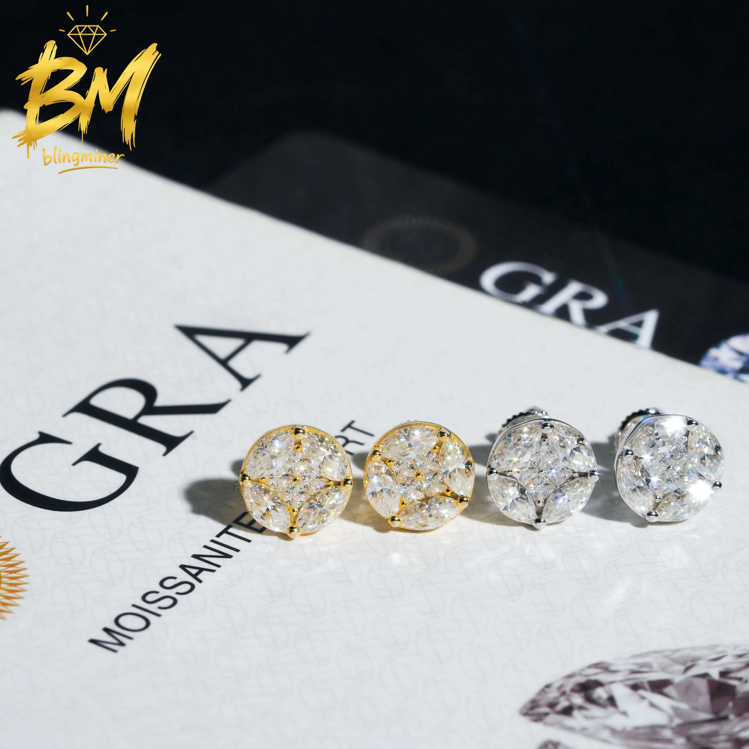 Blingminer 10mm Iced Out Marquise Princess VVS Moissanite Earrings For Men Women S925 Silver Ear Studs Jewelry GRA Free Shipping