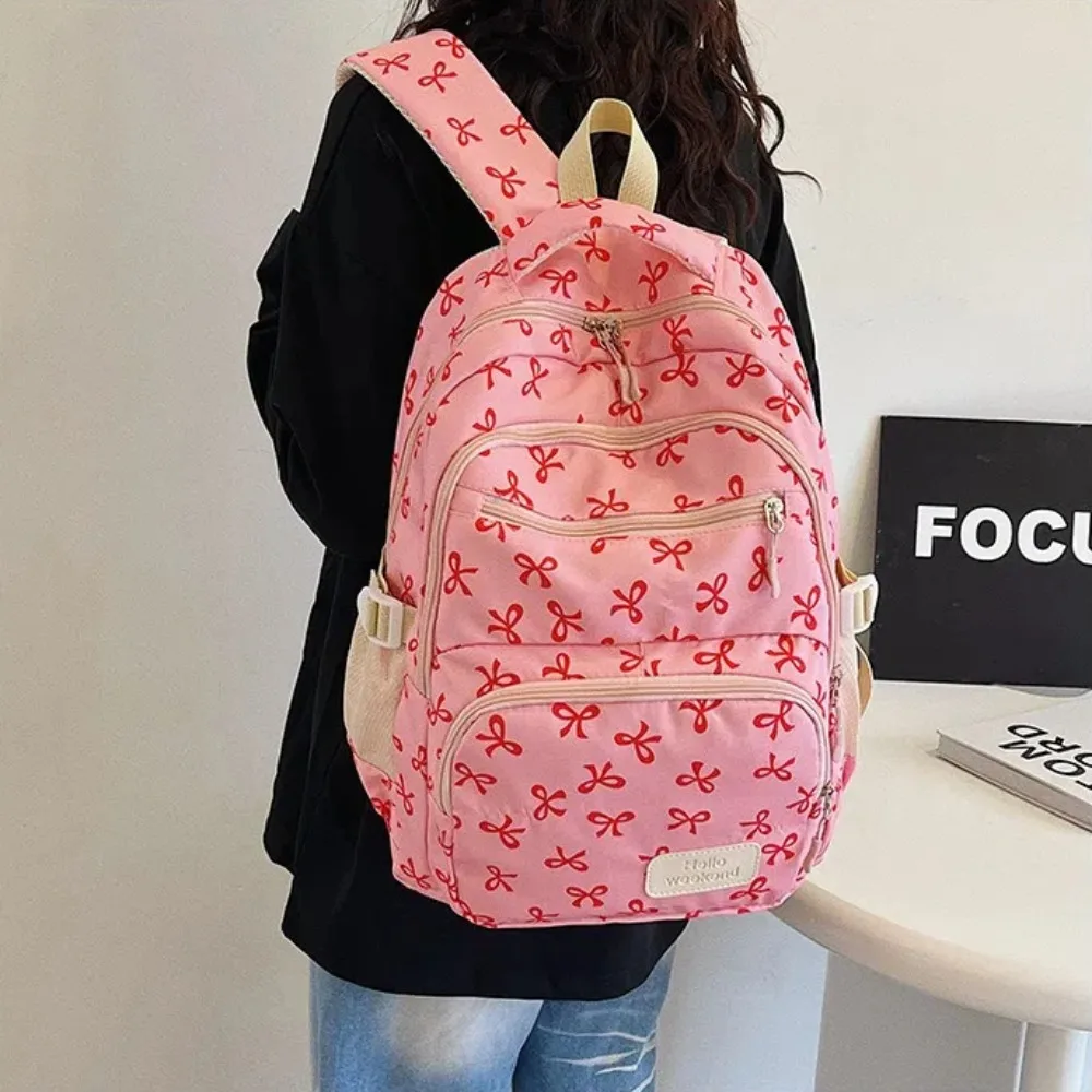 3 Pcs/Set Cute Large Capacity Bow Backpack Bow Print Nylon School Bag Adjustable Strap Travel Backpack