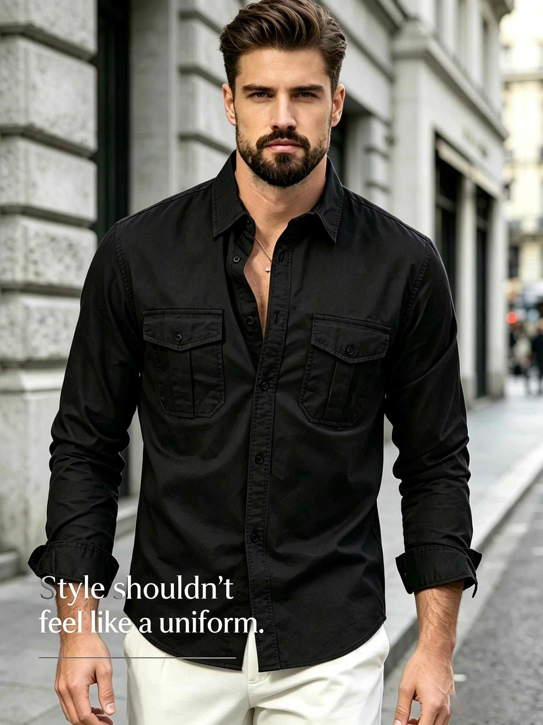 Men Lapel Collar Long Sleeve Work Shirt Button Front Dual Chest Pockets Lightweight Casual Outdoor Cargo Blouse For Daily Outfit