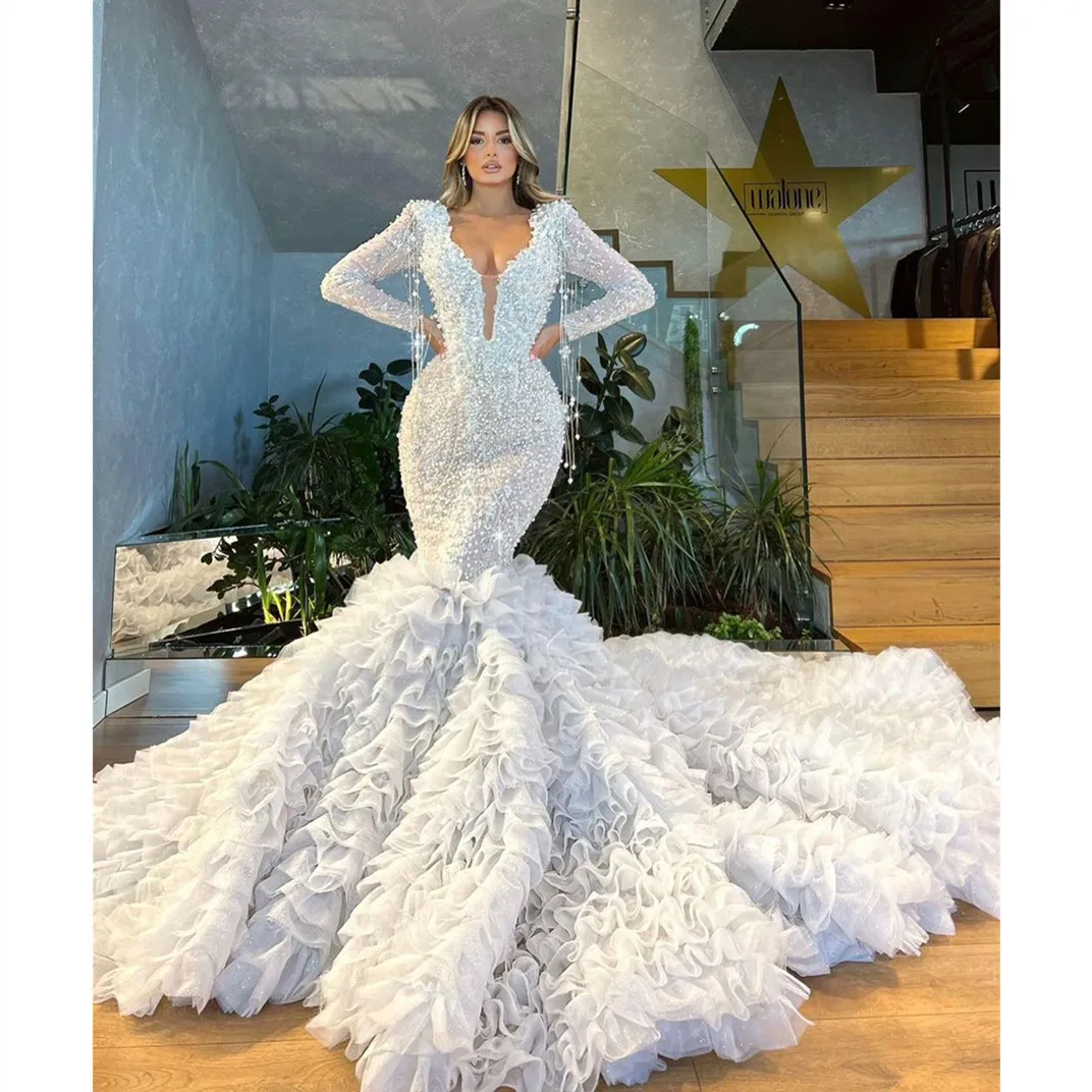 Luxury Wedding Dresses Long Sleeves V Neck Sequins Appliques 3D Lace Layered Folds Train Beaded Bridal Gowns Vestina De Novia