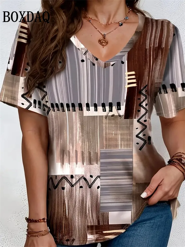 Summer Women Plus Size T Shirts 8XL Large Size Tops Casual V-Neck Short Sleeeve Loose Shirts Vintage Tie Dye Print Pullover Tops