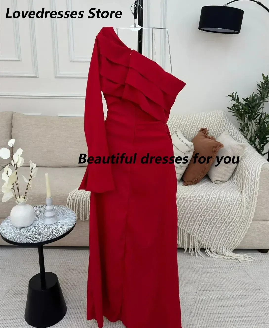 Personalizado vintage manga longa vermelho vestidos de noite fenda tornozelo comprimento voltar ocasião formal vestidos de festa de baile para occ especial