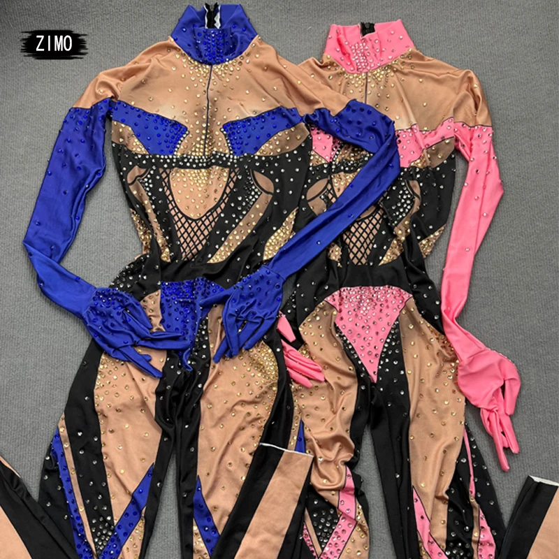 Sexy Blue Pink Rhinestones Jumpsuit Women Nightclub Print Leotard Dance Costume Birthday Party Pole Bar Singer Drag Queen Stage