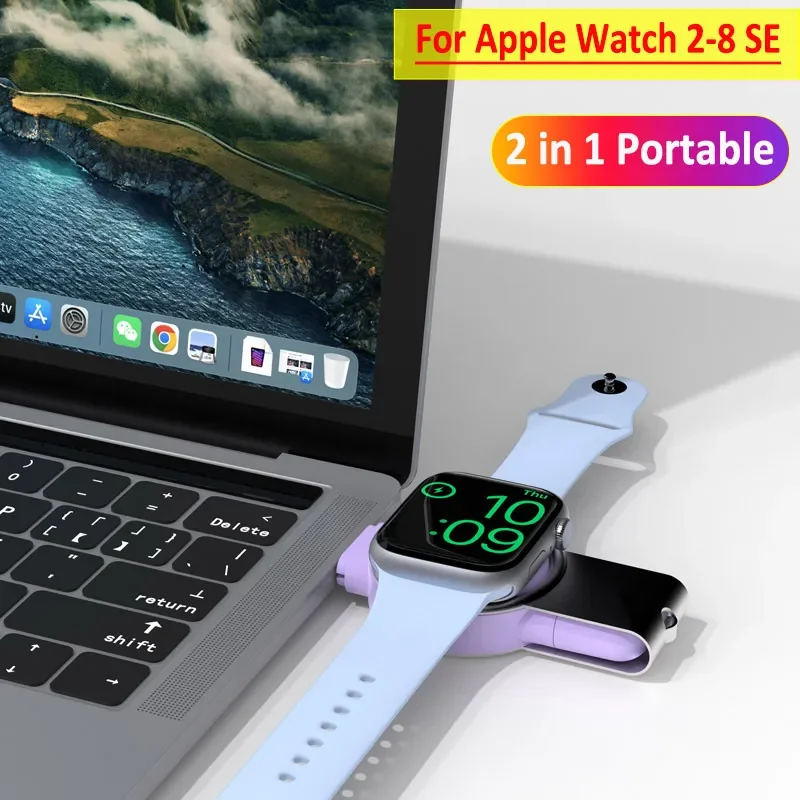 Portable 2 in 1 Magnetic Wireless Charger for Apple Watch Series 8 7 6 5 4 3 2 SE USB USB-C Fast Charging Station for iWatch 5 4