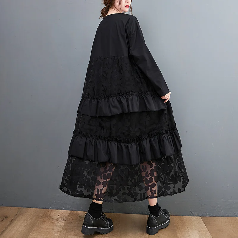 #4077 Spring Summer Black Spliced Mesh Ruffles Dresses Ladies A-line Loose O-neck Korean Style Midi Irregular Dress Long Sleeve