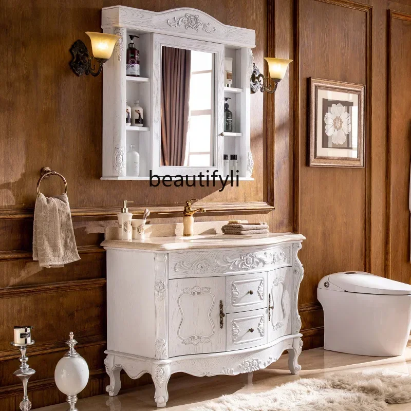 54European-Style Solid Wood Bathroom Cabinet Red Oak Bathroom Cabinet Bathroom Wash Basin Washbasin Mirror Cabinet Combination