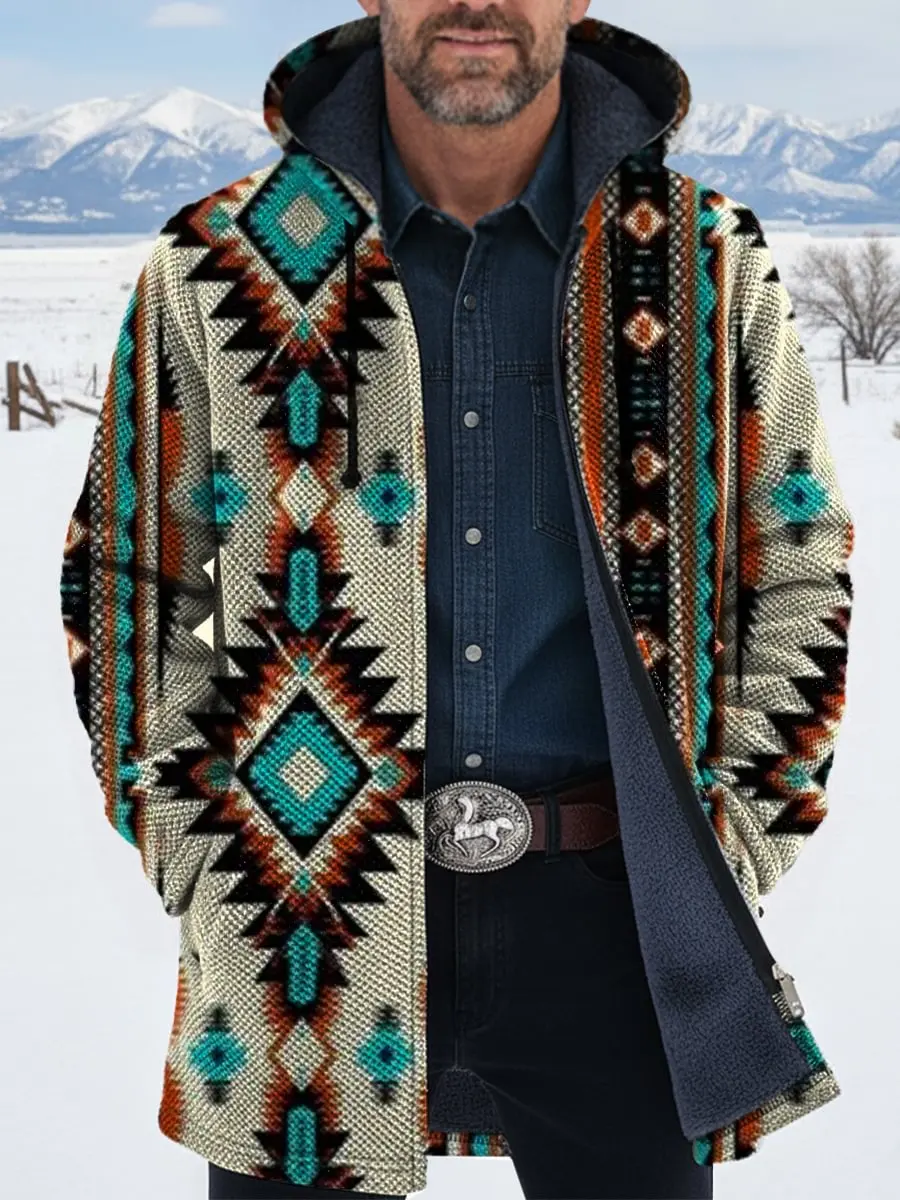 Retro Aztec 3D Printed Plush Thick Long-Sleeved Cardigan Coat Men's Thick Warm Jacket