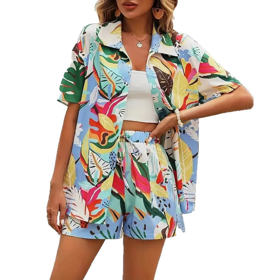 Traje corto de dos piezas con estampado 3D de estilo Hawaiano para mujer, pantalones cortos, camisa, Top + Pantalones cortos, traje corto para vacaciones en la playa
