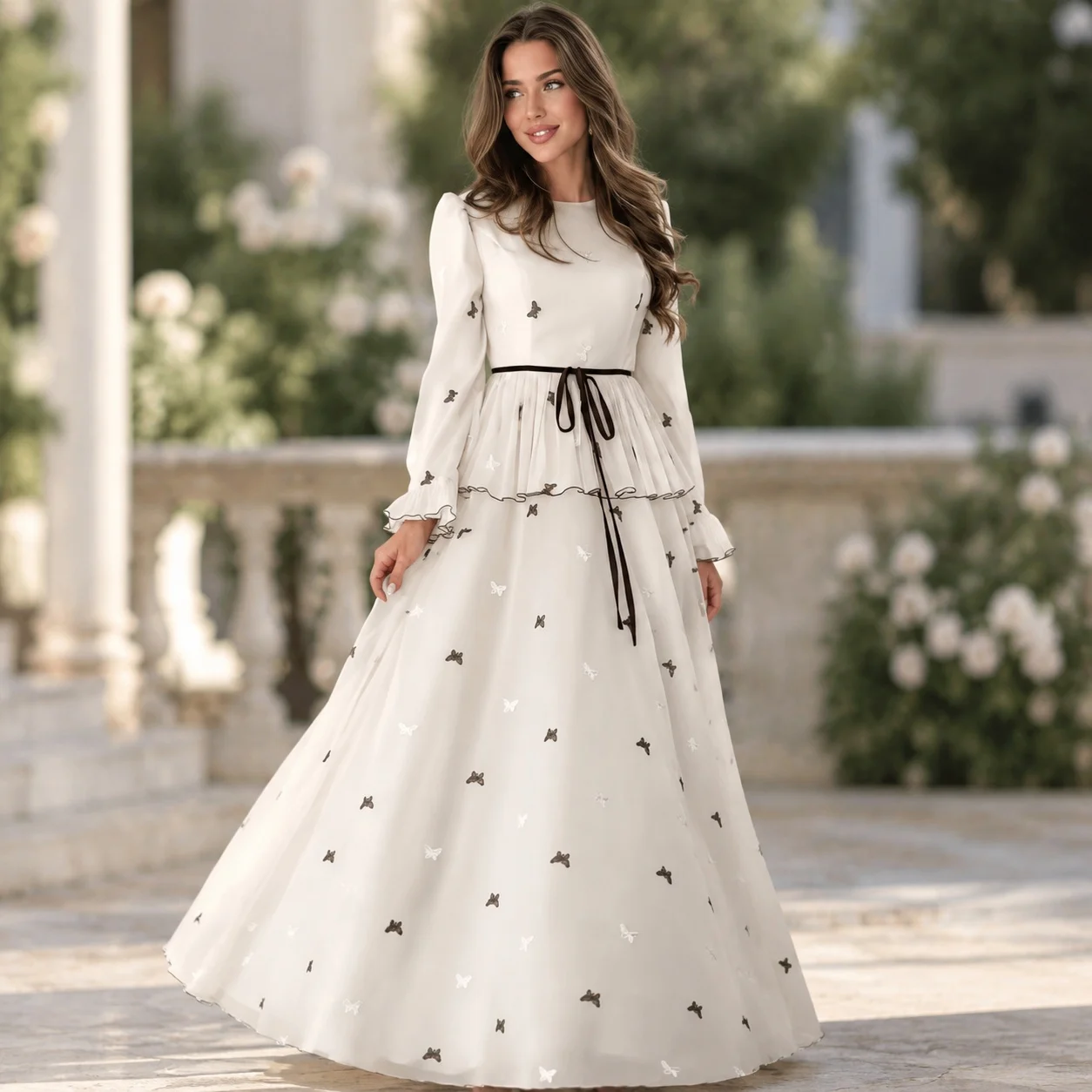 Long Sleeve Dress Slim Fit Fitted Waist Fresh Sweet with Mid Rise Waist 3D Decoration Elegant a Line Skirt Party Dress for Women