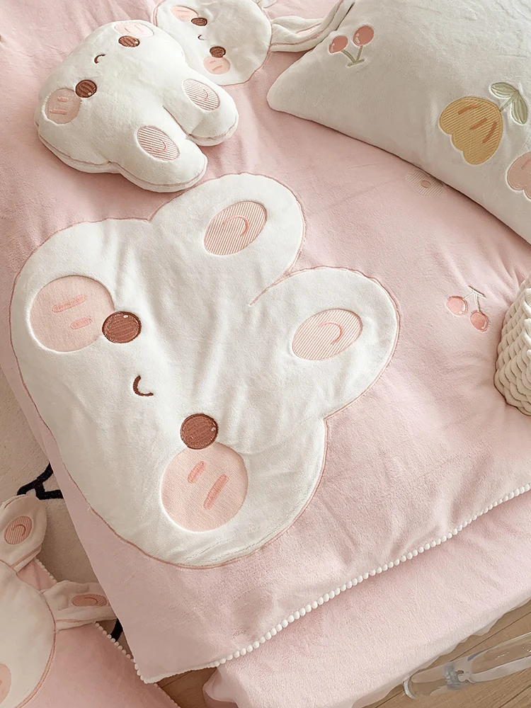 Winter Thiened Cute Milk Velvet Four-Piece Set Double-Sided Coral Fce Duvet Cover Girl Children Princ Sle Bedding