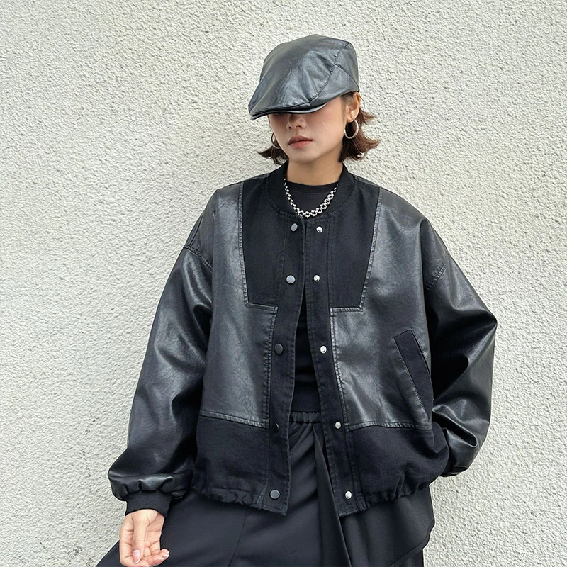 Masss Wasss Korean Winter Womens Fashion Vintage Casual Pu Jackets Biker Outerwear Ladies Oversized Patchwork Faux Leather Coats