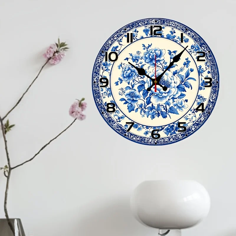 Round Plate in Blue And White Featuring an Intricate Floral Design, Accompanied by a 10-Inch Wooden Veneer Wall Clock