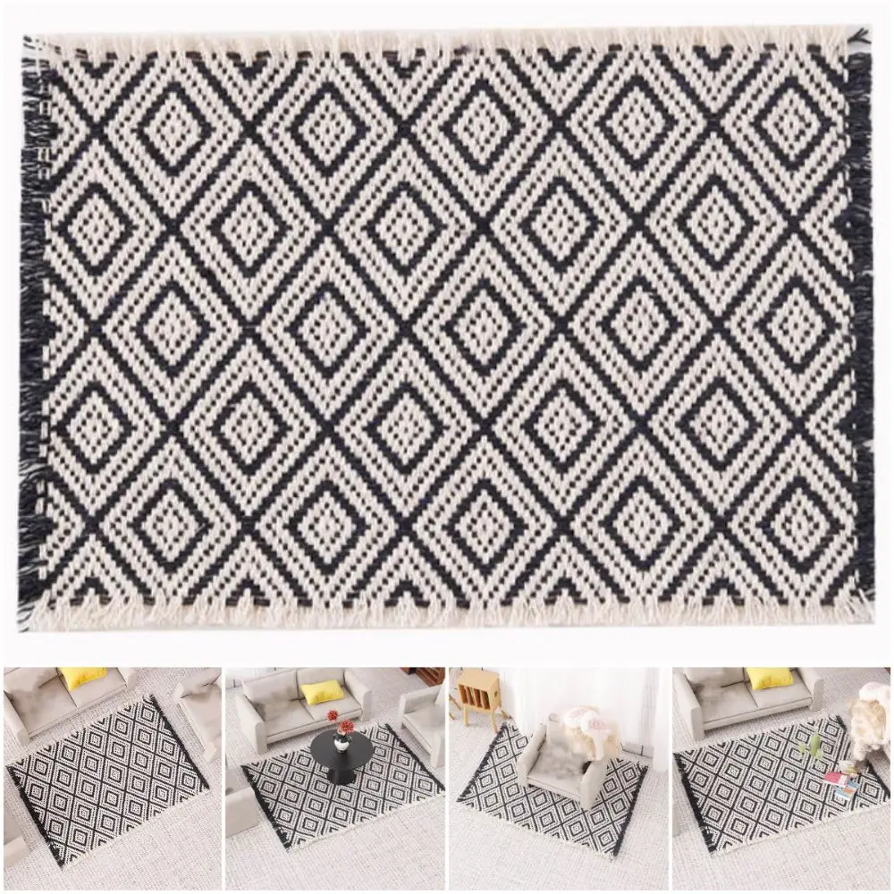 1/12 Scale Dollhouse Miniature Carpet Diamond Pattern Edge Tassel Doll House Blanket Black&white Accessories Model Toy Carpet