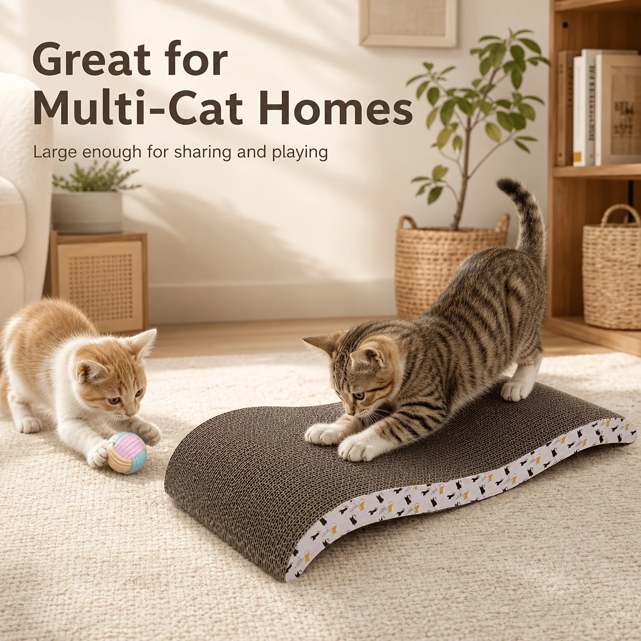 2-in-1 Cat Scratcher Bed, Curved Corrugated Cardboard Cat Lounge, Ergonomic Spine Support Design, Durable Wave Scratch Pad, Furn