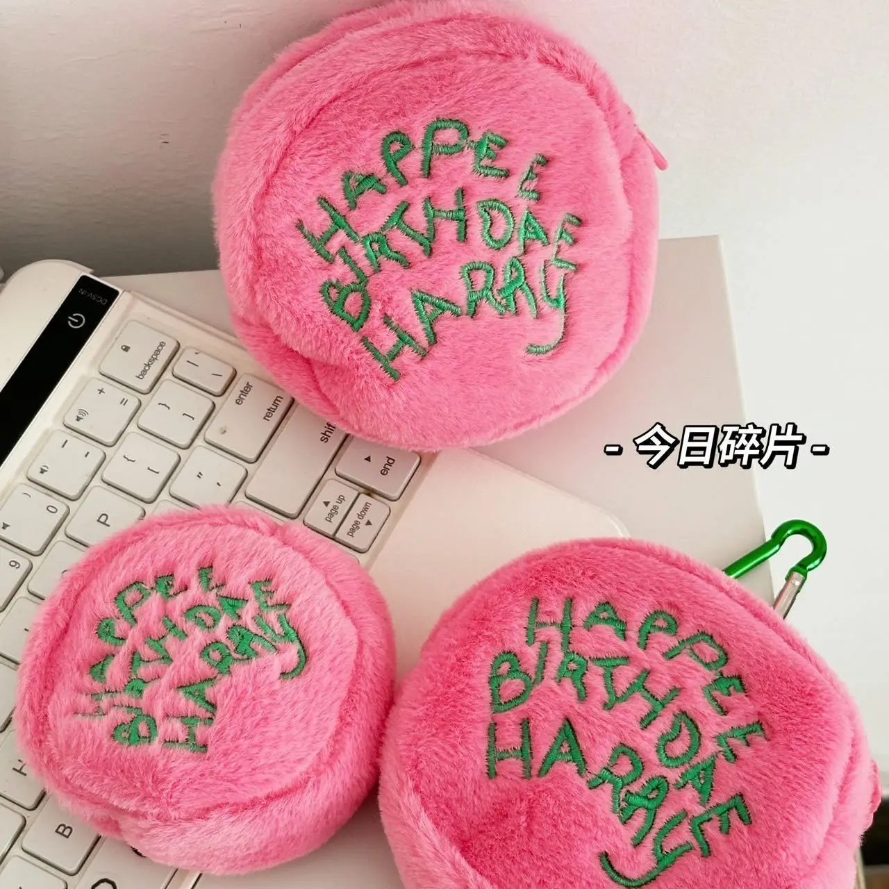 Pink Polka Dot Cute Plush Portable Wallet Mini Coin Purse Earphone Cable Organiser Coin Pouch Cake-Shaped Storage Bag