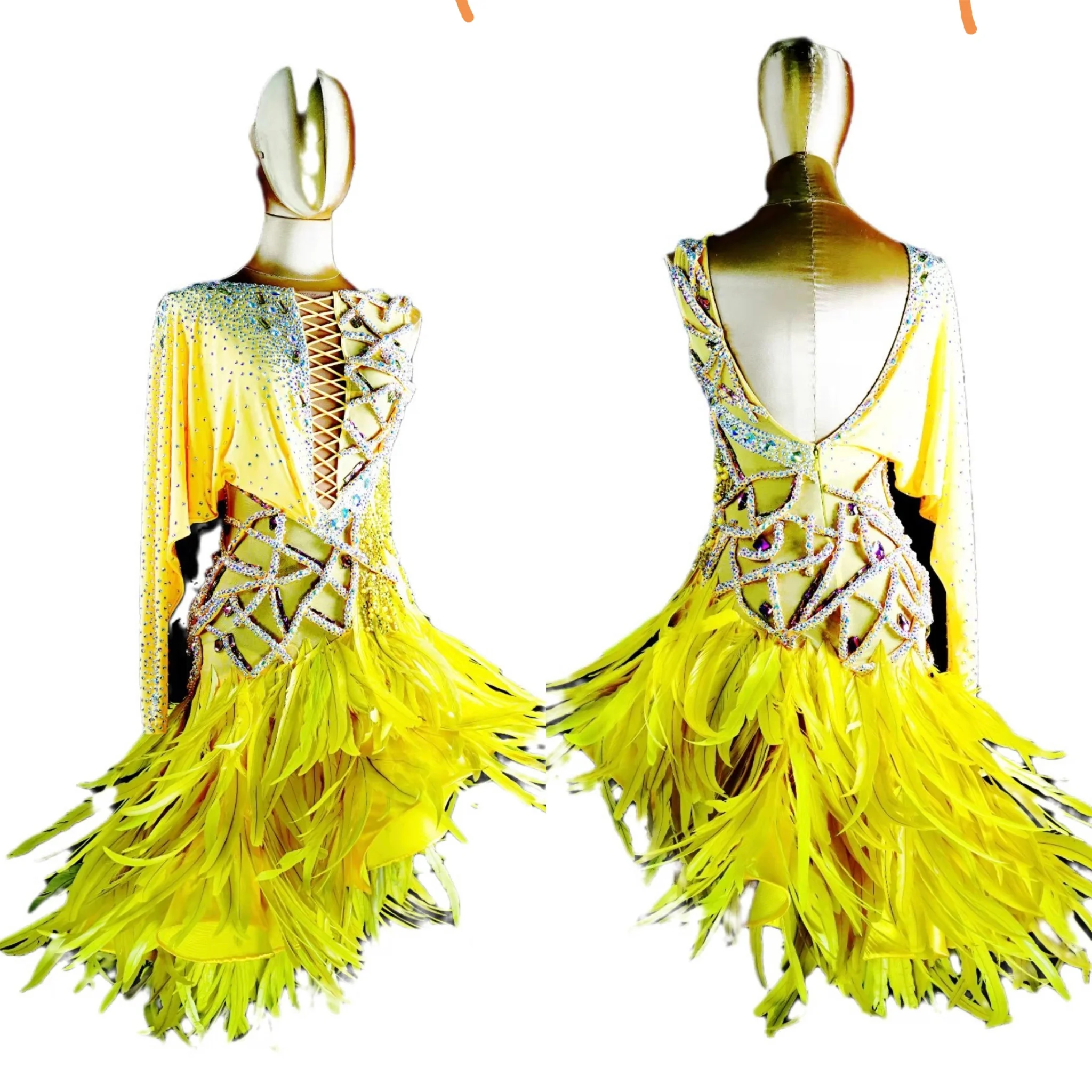 

WHYNOT DANCE Feather Yellow Customized Latin Chacha Dance Competition Dress Party Costume for Girl or Women Fast Free Shipping