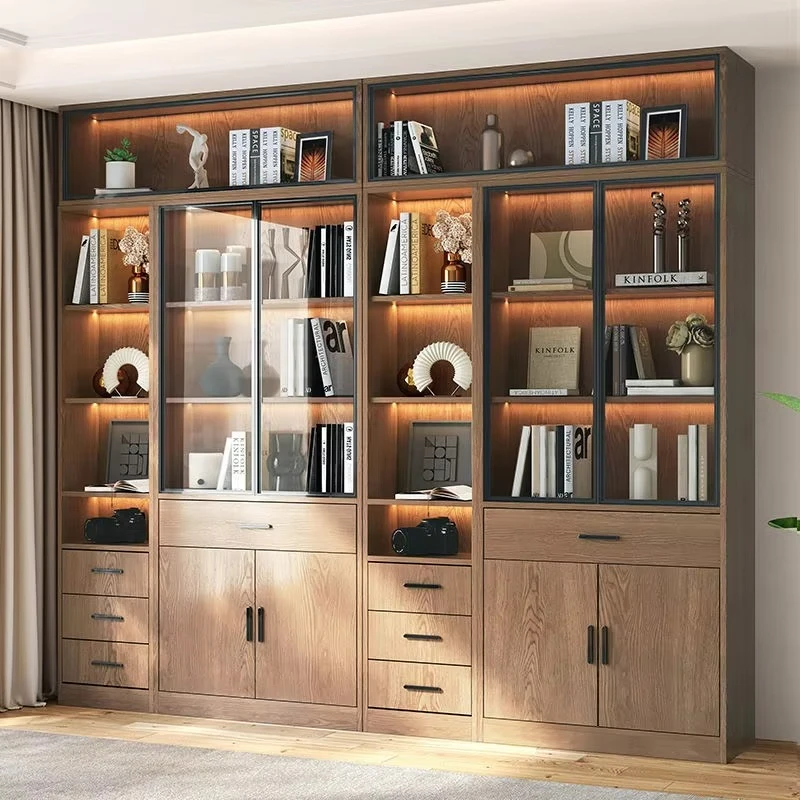 

Luxury solid wood bookcase with glass door floor family living room locker office display stand
