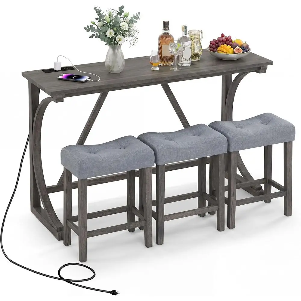 4-Piece Bar Table Set with Power Outlet | Counter Height Dining Table Set w/ 3 Upholstered Stools, Wood Table Set or Kitchen, Di