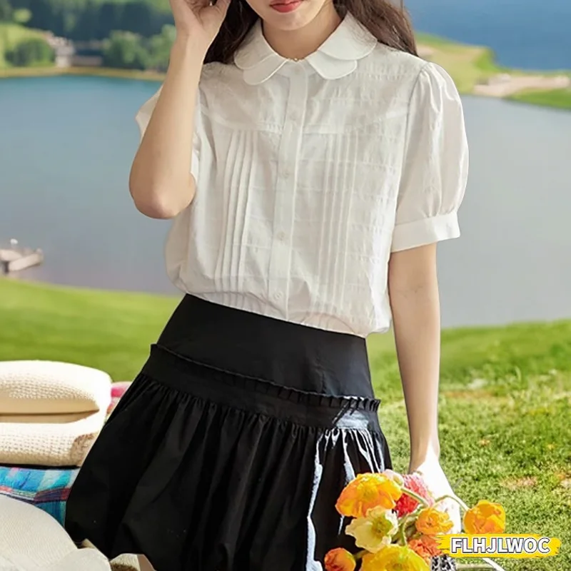 Cotton Blends Tops Blouses New Design Women Japan Girls Summer Short Sleeve Casual Preppy Style Solid Blue White Button Shirts