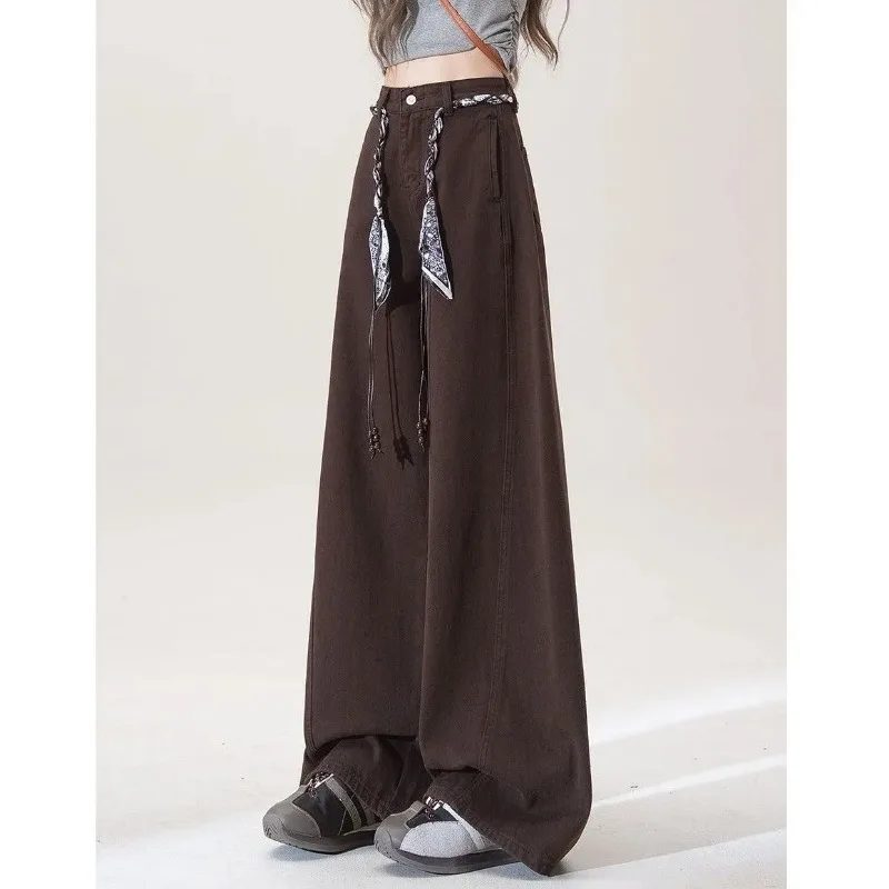 

Women Retro Brown Wide Leg Loose Floor-Length Jeans