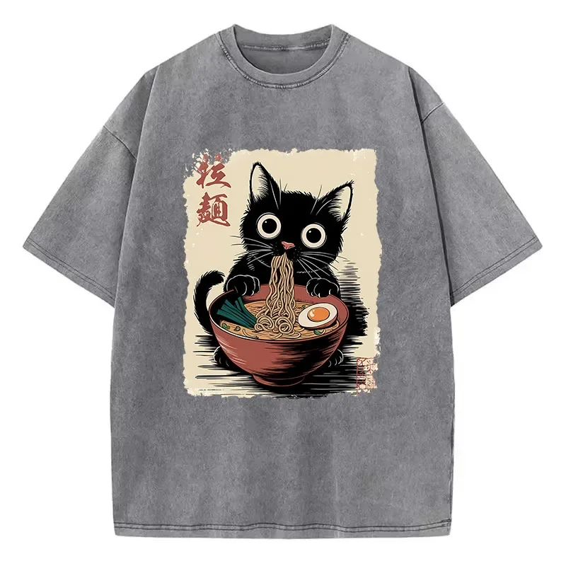 Oversize Japanese Style Ramen Cat T Shirt Vintage Washed 100% Cotton T-Shirt Graphic Tee Casual Streetwear Spring Summer