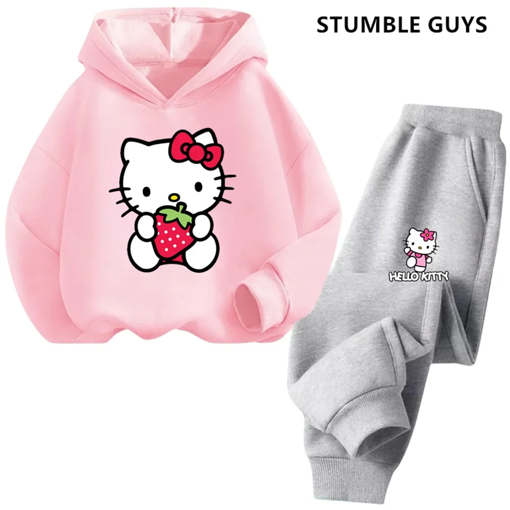 New Hello Kitty Spring Cute Kids Hoodie 2024 Cartoon Girl Student Street Wear Pullover Hoodie Casual Suit for 3-14 Year Olds