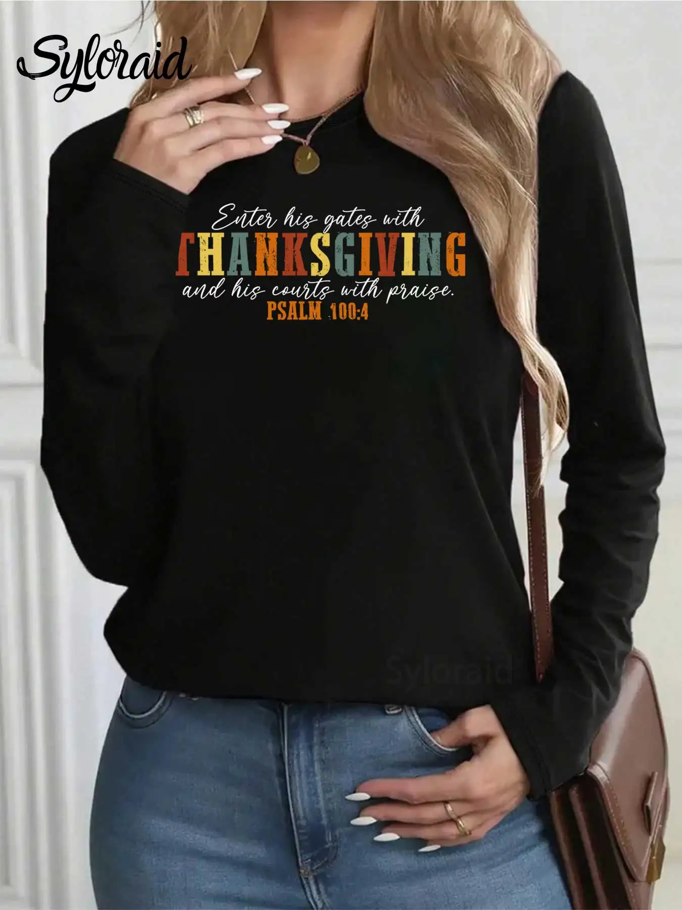 المرأة طويلة الأكمام تي شيرت الخريف شكرا تي شيرت مزمور 100:4 الشكر قميص موضة الجولة الرقبة رداء علوي غير رسمي #2