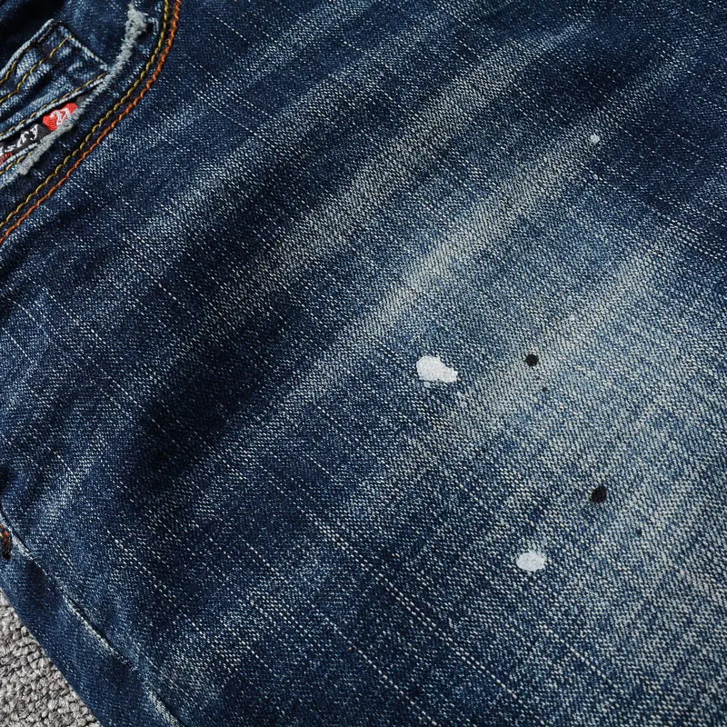 Fashion Designer Men Jeans High Quality Retro Dark Blue Stretch Slim Fit Painted Ripped Jeans Men Vintage Denim Pants Hombre