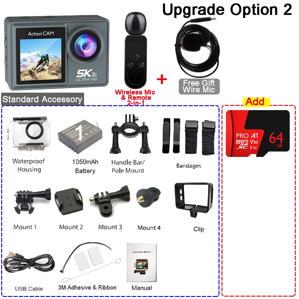 5K 4K60FPS actiecamera Dubbele IPS Touch LCD DVR EIS 170 °   30M waterdichte 5-x zoom sportcamera met draadloze microfoon en afstandsbediening