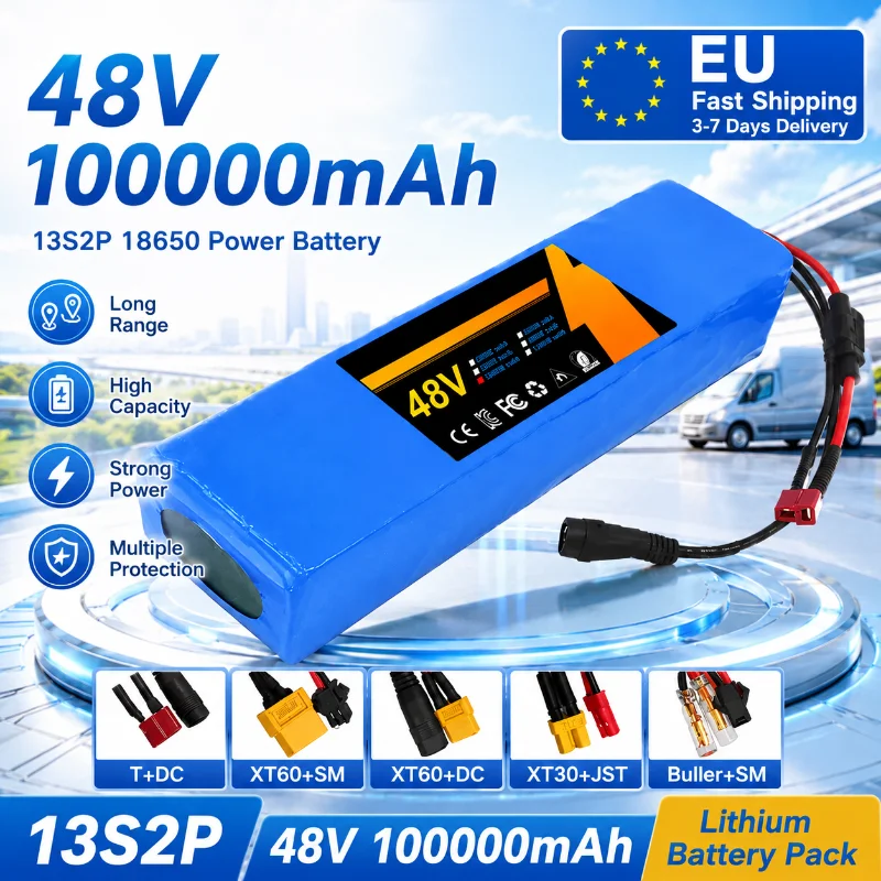 13S2P 48V 100Ah 100000mAh Lithium-Ionen-Akkupack mit BMS 250W 350W 500W 750W 1000W E-Bike Elektrofahrrad Roller Akku Inklusive Gratis 54,6V Ladegerät XT60 XT30 T-Stecker DC-Anschluss