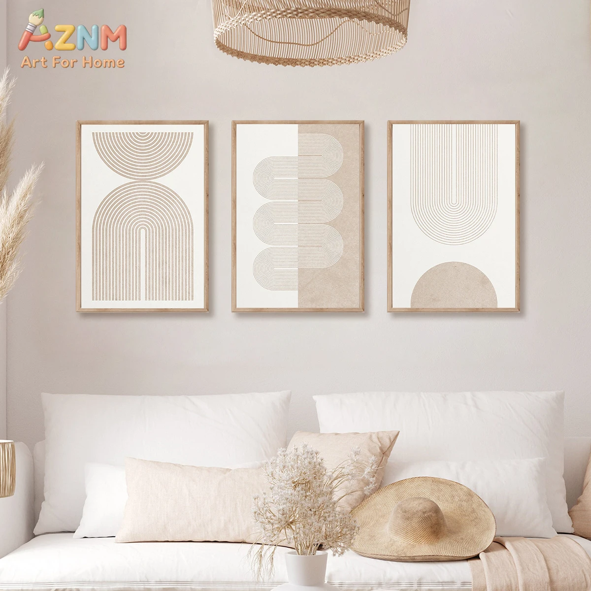 3PCS Beige Boho Geometric Line Art Canvas Wall Art Unframed Neutral Minimalist Home Decor Prints