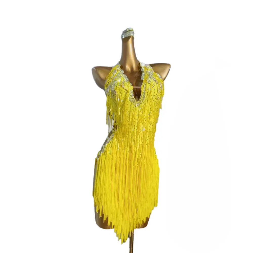 Latin Dance Competition Women's High-end Custom Yellow Tassel Exposed Side Leg Rumba Tango Performance Dress