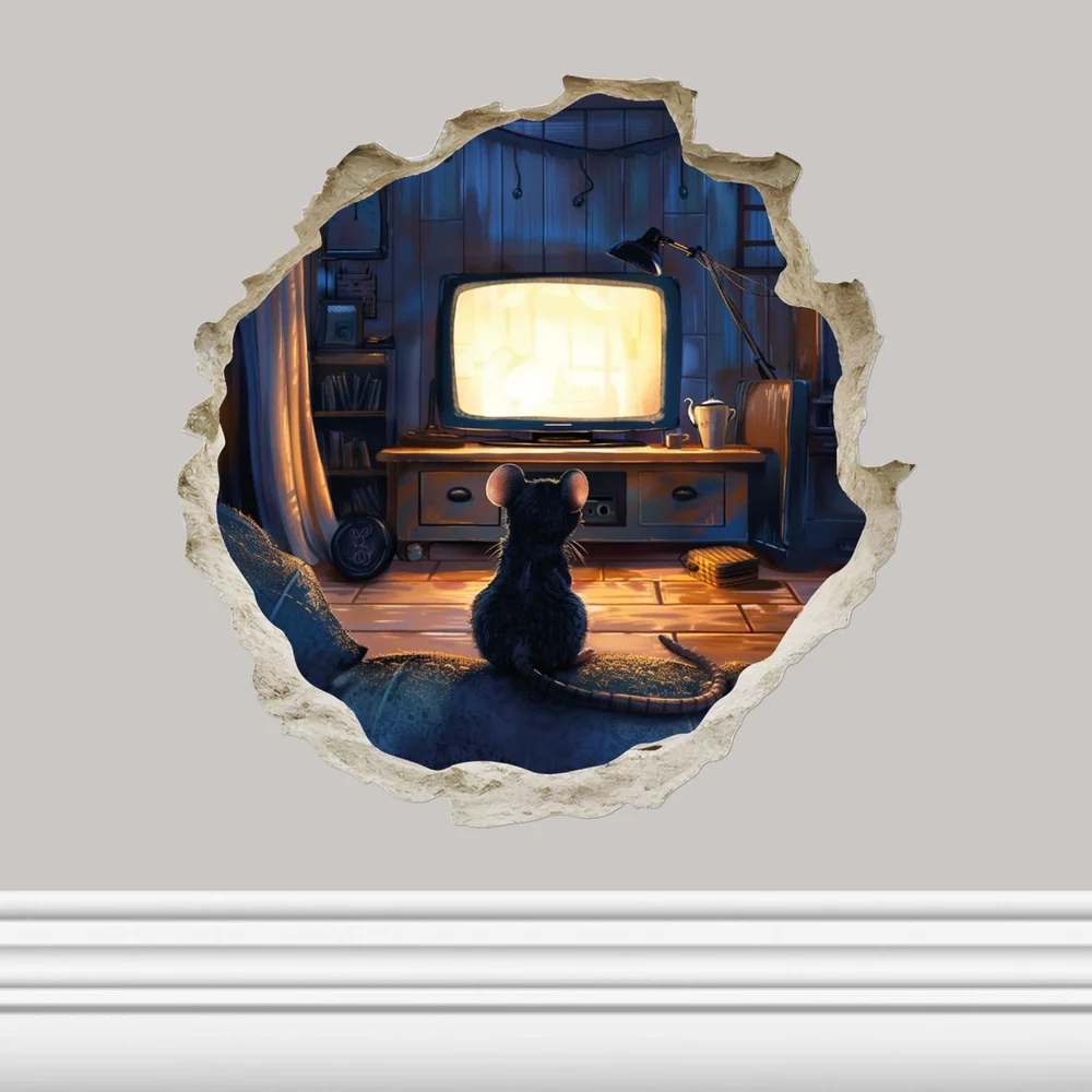 Mouse Watching TV In Mouse Hole Vinyl Car Sticker Self Adhesive Decal for Rear Window and Toolbox Car Accessories