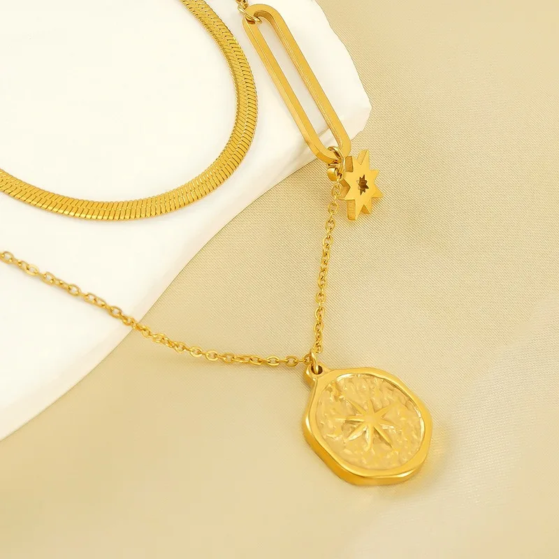 Fashion New Double-layer Necklace Stainless Steel Stacked Blade Chain Hexagram Round Brand Pendant Double-layer Necklace Female