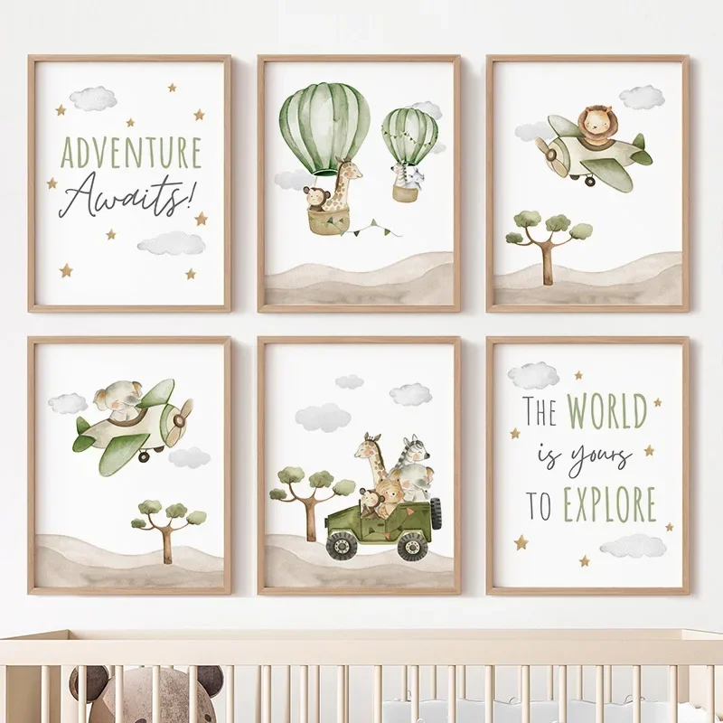 1pc frameless Canvas Painting Hot air balloon pilot Animals Poster Canvas Painting Elephant Lion Giraffe Monkey Wall Art Mural P