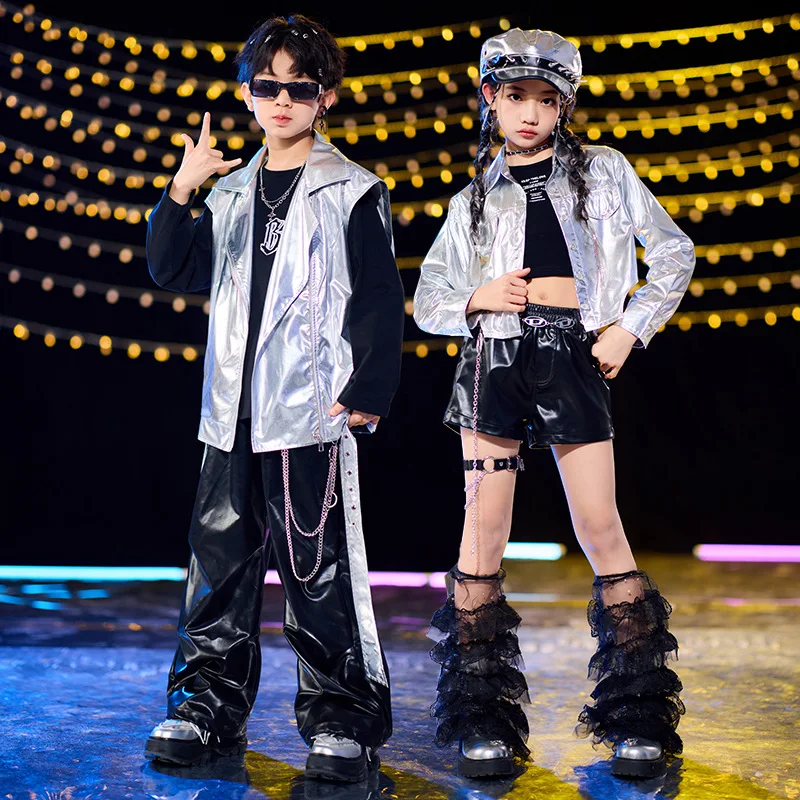 

Kid Hip Hop Clothing Silver PU Metalic Motorcycle Vest Top Black Silver Scatter Cargo Pants for Girl Boy Dance Costume Clothes