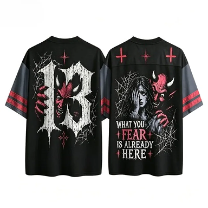 Unisex Gothic Devil Spider Web Print V Neck Sports Jersey Men Women Quick Dry Short Sleeve Halloween Streetwear Tee