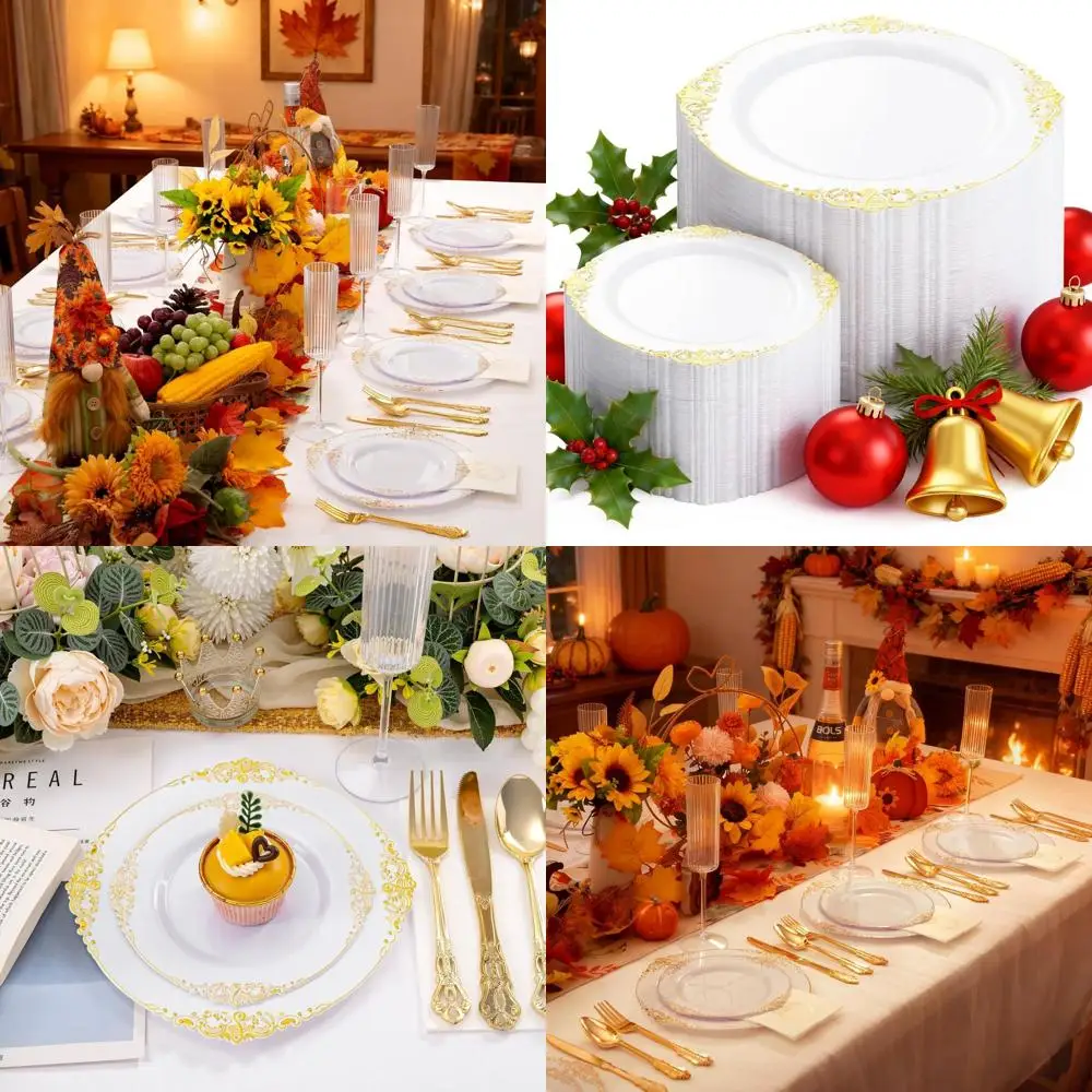 

100-Guest Elegant White & Gold Disposable Plates - Perfect for Christmas & Wedding Parties