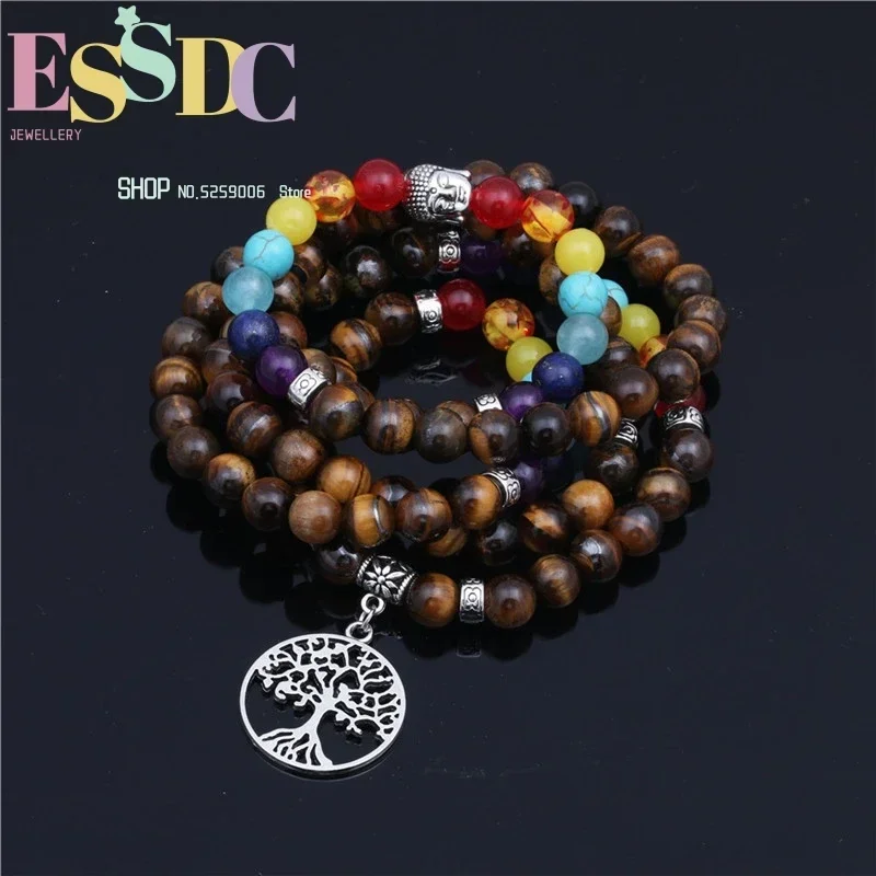 Natural Tiger Eye Stone 108 Beaded Mala or Bracelet Seven Color Chakra Yoga Tree of Life Pendant Long Necklace Dropship